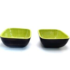 Vtg Gail Pittman Handcrafted Green DK Brown Square Ceramic Bowls Set Of 2